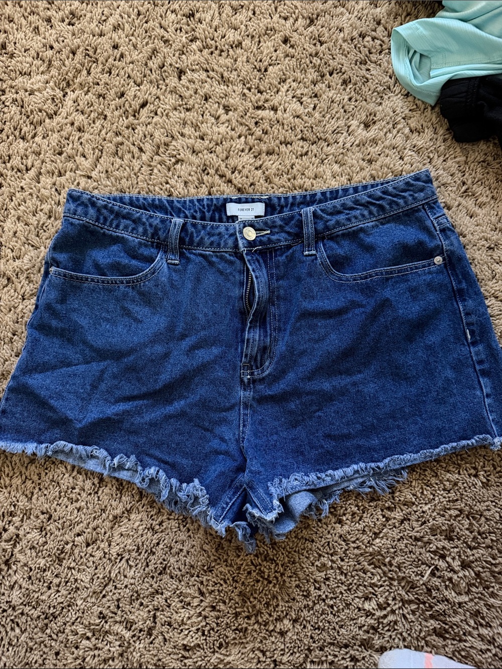 Forever 21 Dark Blue Frayed Hem Denim Shorts